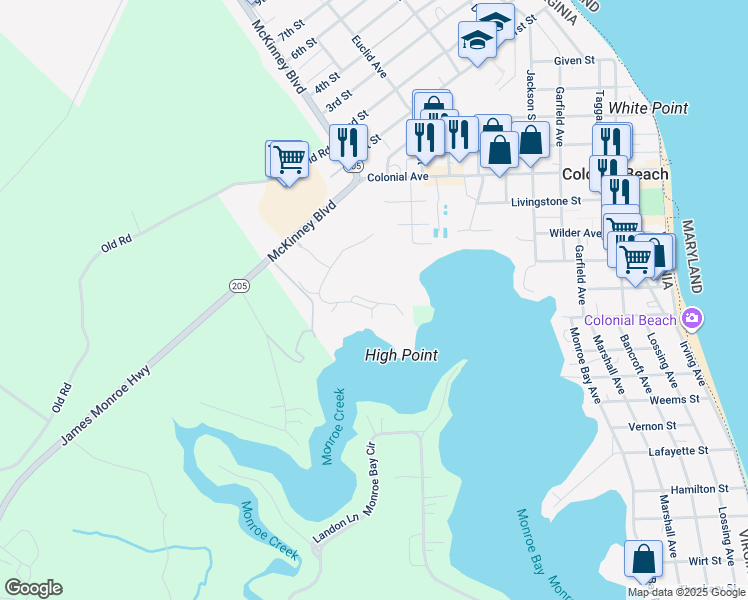 map of restaurants, bars, coffee shops, grocery stores, and more near 307 Monroe Point Drive in Colonial Beach