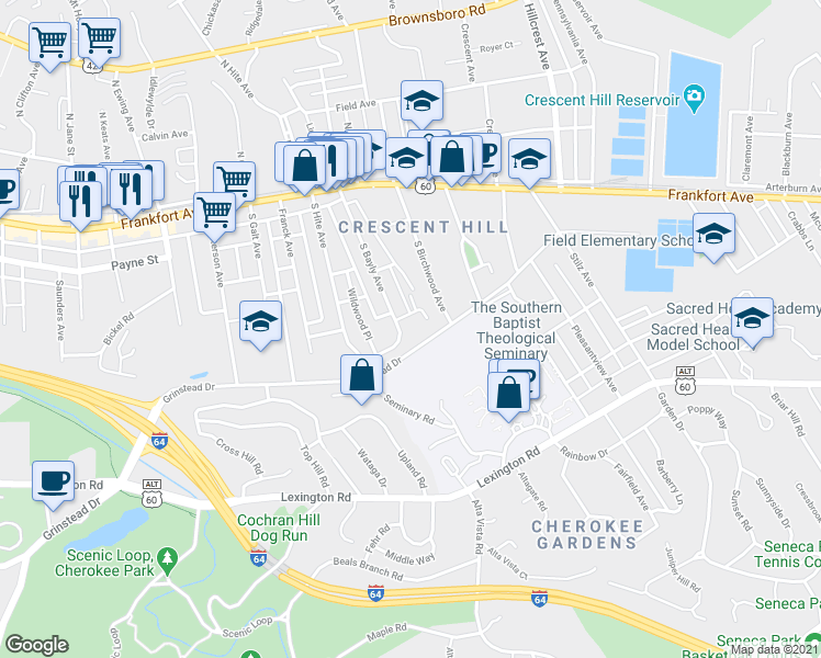 map of restaurants, bars, coffee shops, grocery stores, and more near 355 South Bayly Avenue in Louisville