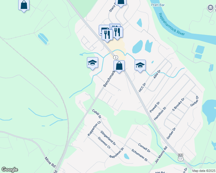 map of restaurants, bars, coffee shops, grocery stores, and more near 10609 Benchmark Road in Fredericksburg