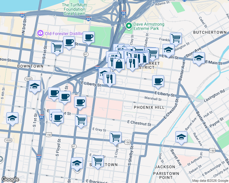 map of restaurants, bars, coffee shops, grocery stores, and more near 626 Marshall Street in Louisville