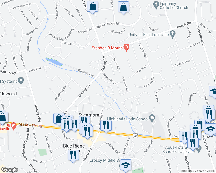 map of restaurants, bars, coffee shops, grocery stores, and more near 10787 Colonial Woods Court in Louisville