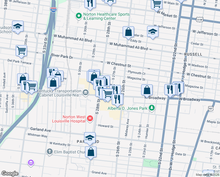 map of restaurants, bars, coffee shops, grocery stores, and more near 2701 West Broadway in Louisville