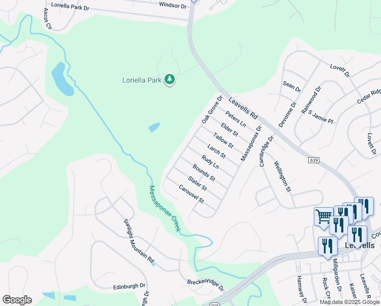 map of restaurants, bars, coffee shops, grocery stores, and more near 5528 Rudy Lane in Fredericksburg