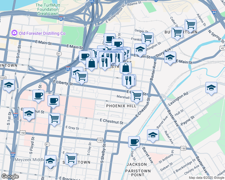 map of restaurants, bars, coffee shops, grocery stores, and more near 800 East Liberty Street in Louisville