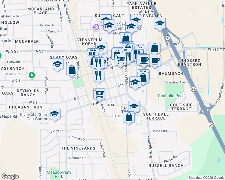 map of restaurants, bars, coffee shops, grocery stores, and more near 512 E Street in Galt
