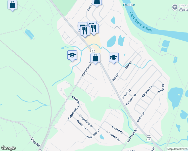map of restaurants, bars, coffee shops, grocery stores, and more near 10609 Opal Lane in Fredericksburg