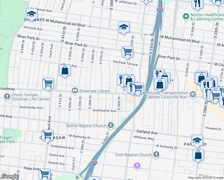 map of restaurants, bars, coffee shops, grocery stores, and more near 675 Lindell Avenue in Louisville