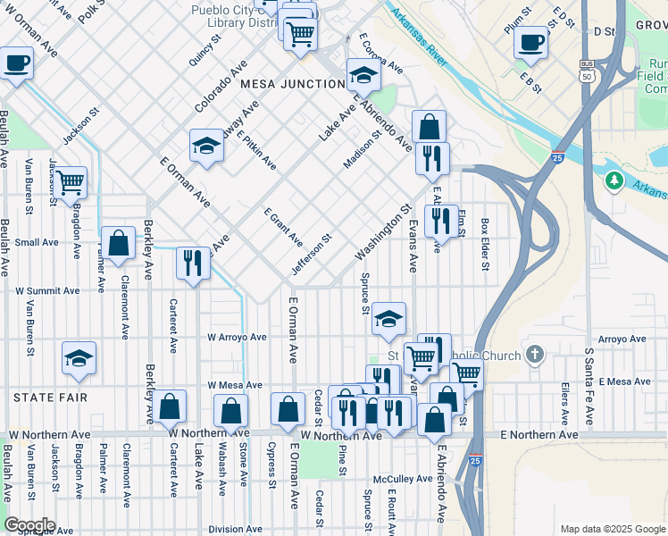map of restaurants, bars, coffee shops, grocery stores, and more near 501 Washington Street in Pueblo
