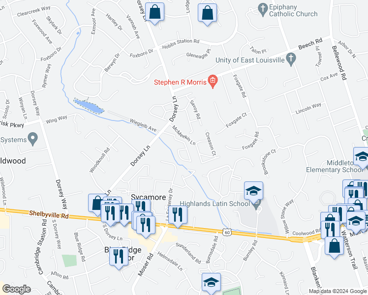 map of restaurants, bars, coffee shops, grocery stores, and more near 10717 Colonial Woods Court in Louisville