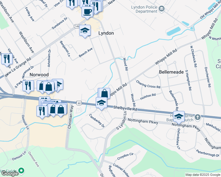 map of restaurants, bars, coffee shops, grocery stores, and more near 120 Holley Road in Louisville
