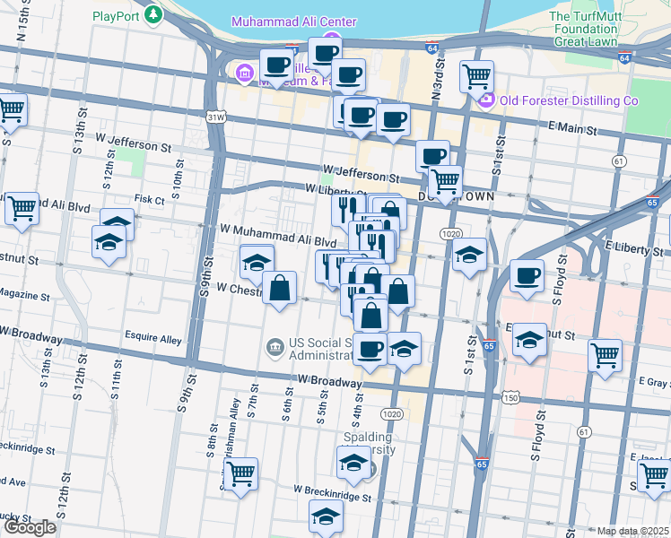 map of restaurants, bars, coffee shops, grocery stores, and more near 524 South 5th Street in Louisville