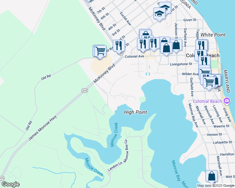 map of restaurants, bars, coffee shops, grocery stores, and more near 307 Monroe Point Drive in Colonial Beach