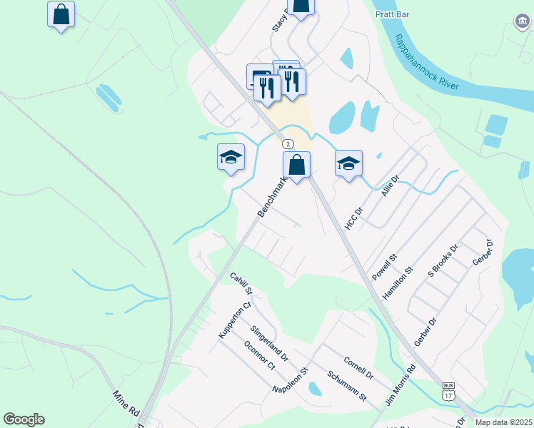 map of restaurants, bars, coffee shops, grocery stores, and more near 10609 Benchmark Road in Fredericksburg