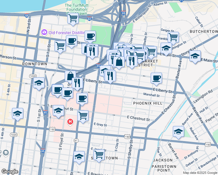 map of restaurants, bars, coffee shops, grocery stores, and more near 430 South Hancock Street in Louisville