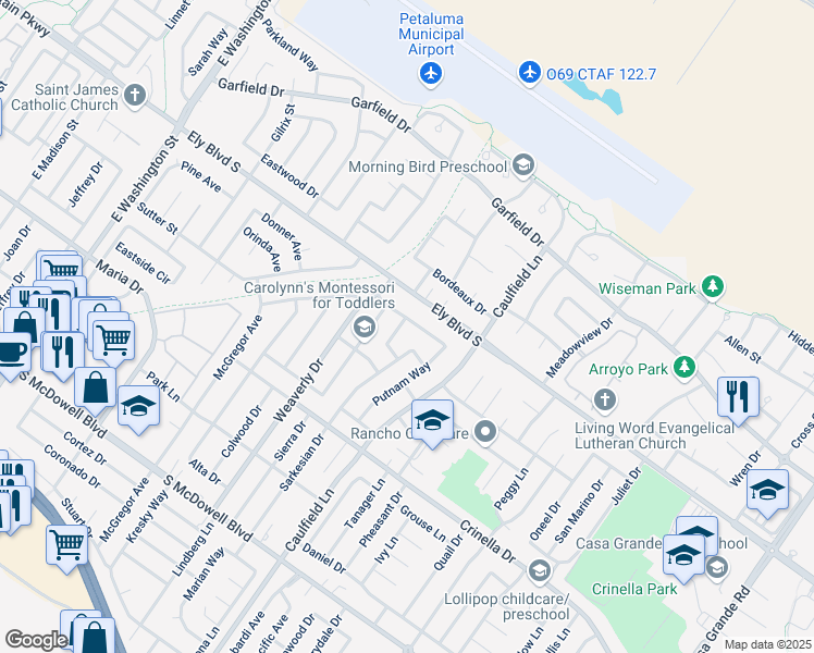 map of restaurants, bars, coffee shops, grocery stores, and more near 1732 Pauline Way in Petaluma