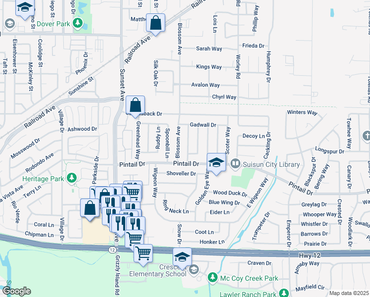 map of restaurants, bars, coffee shops, grocery stores, and more near 804 Blue Bill Way in Suisun City