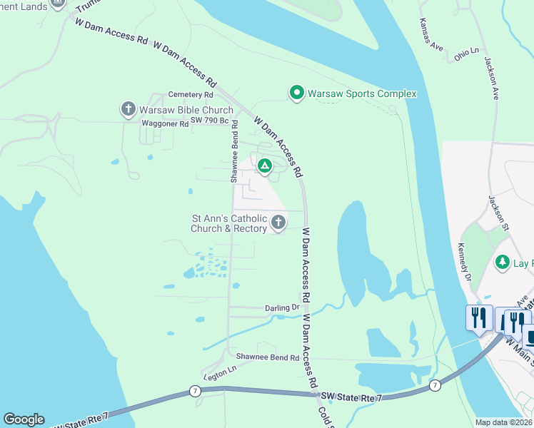 map of restaurants, bars, coffee shops, grocery stores, and more near 16400-16698 Springfield Road in Warsaw