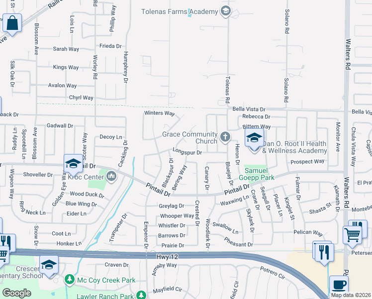 map of restaurants, bars, coffee shops, grocery stores, and more near 1005 Longspur Drive in Suisun City