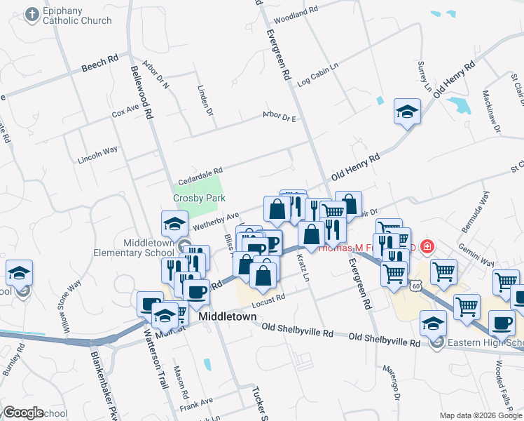 map of restaurants, bars, coffee shops, grocery stores, and more near 12001 Shelbyville Road in Louisville