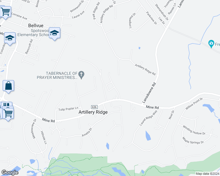 map of restaurants, bars, coffee shops, grocery stores, and more near 4209 Command Field Court in Fredericksburg