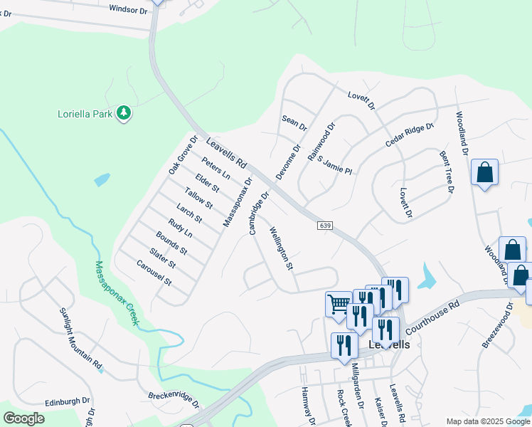map of restaurants, bars, coffee shops, grocery stores, and more near 10719 Wellington Street in Fredericksburg