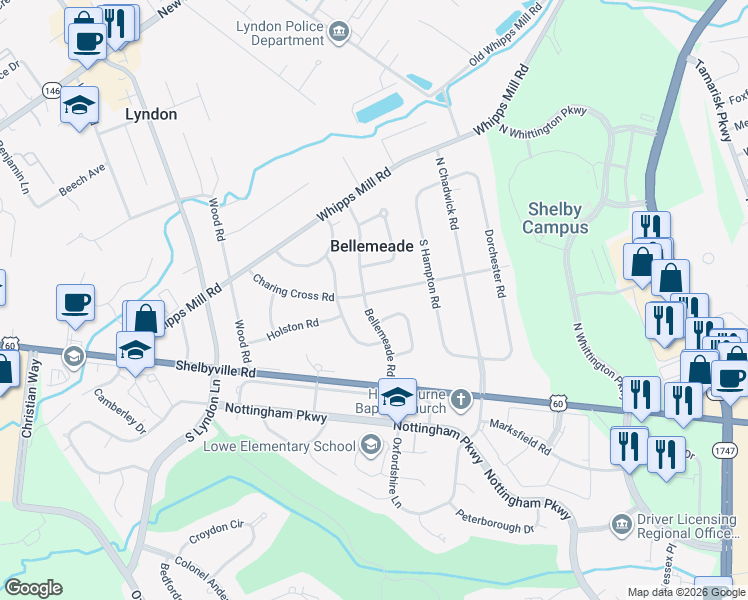 map of restaurants, bars, coffee shops, grocery stores, and more near 8800 Charing Cross Road in Louisville