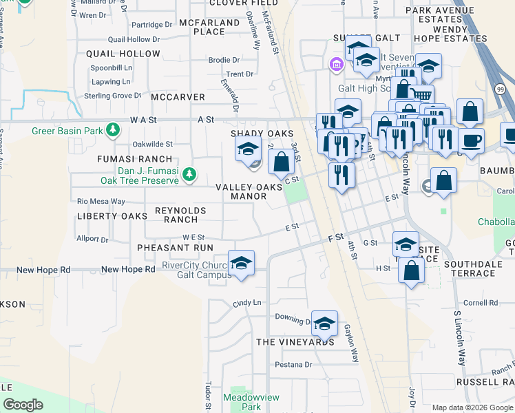 map of restaurants, bars, coffee shops, grocery stores, and more near 1 C Street in Galt