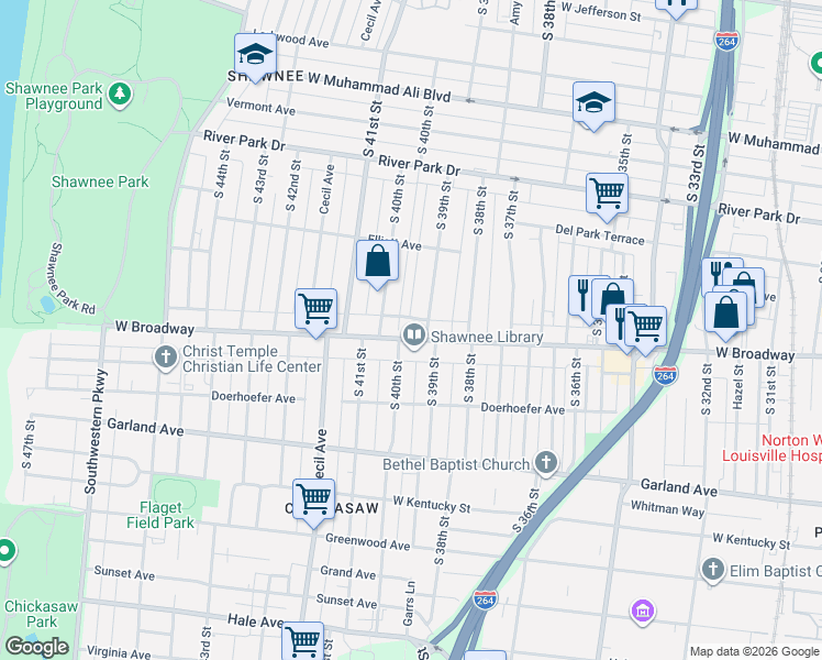 map of restaurants, bars, coffee shops, grocery stores, and more near 4000 West Broadway in Louisville