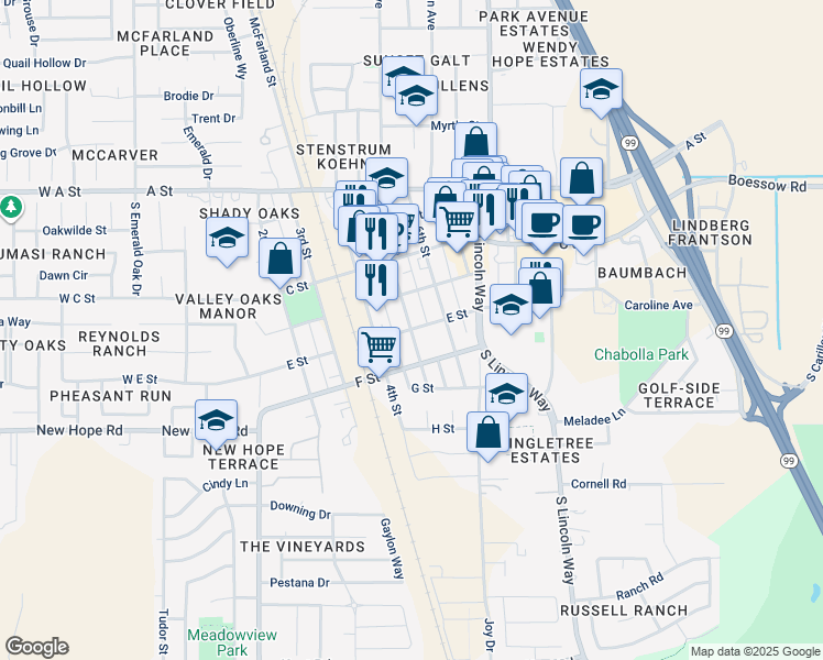 map of restaurants, bars, coffee shops, grocery stores, and more near 5th Street & E Street in Galt