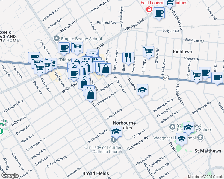 map of restaurants, bars, coffee shops, grocery stores, and more near 3941 Grandview Avenue in Louisville