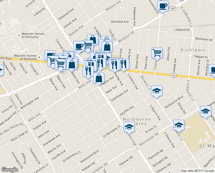 map of restaurants, bars, coffee shops, grocery stores, and more near 3924 Nanz Avenue in Louisville