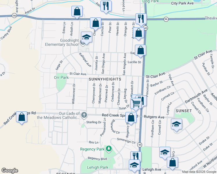 map of restaurants, bars, coffee shops, grocery stores, and more near 1002 Pinecrest Drive in Pueblo