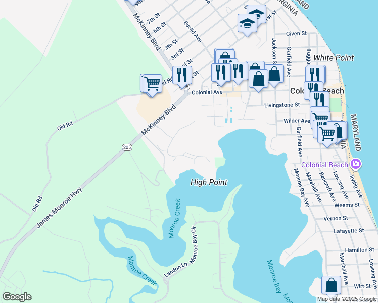 map of restaurants, bars, coffee shops, grocery stores, and more near 207 Monroe Point Drive in Colonial Beach