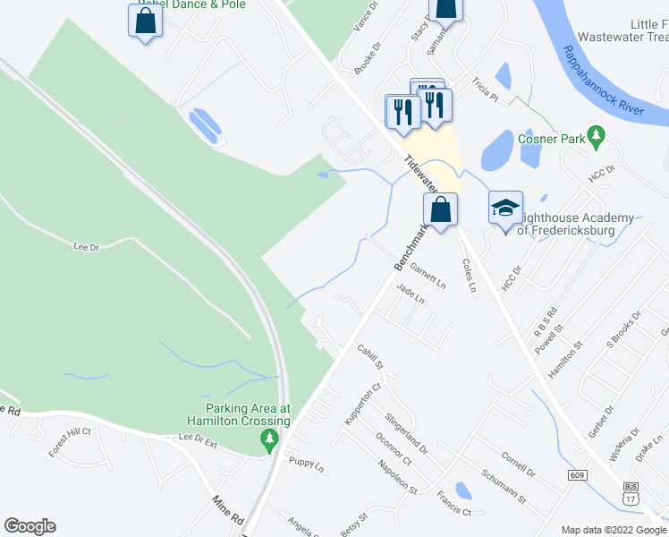 map of restaurants, bars, coffee shops, grocery stores, and more near 10516 Benchmark Road in Fredericksburg