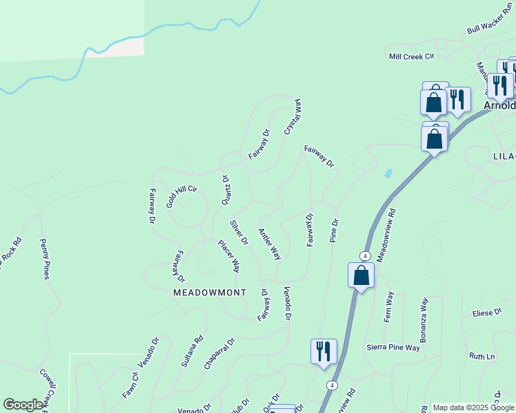map of restaurants, bars, coffee shops, grocery stores, and more near 1960 Antler Drive in Arnold