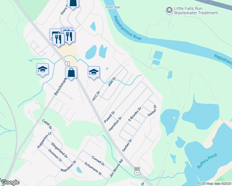 map of restaurants, bars, coffee shops, grocery stores, and more near 10625 Hamiltons Crossing Drive in Fredericksburg