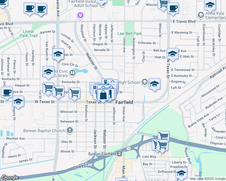 map of restaurants, bars, coffee shops, grocery stores, and more near 600 Texas Street in Fairfield