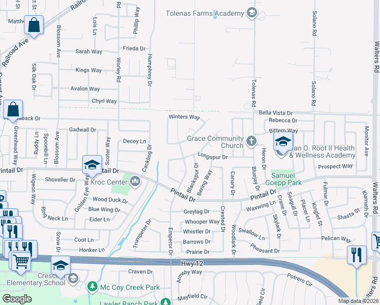 map of restaurants, bars, coffee shops, grocery stores, and more near 916 Longspur Drive in Suisun City