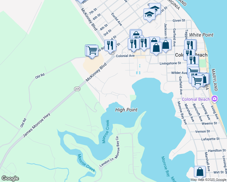 map of restaurants, bars, coffee shops, grocery stores, and more near 211 Monroe Point Drive in Colonial Beach