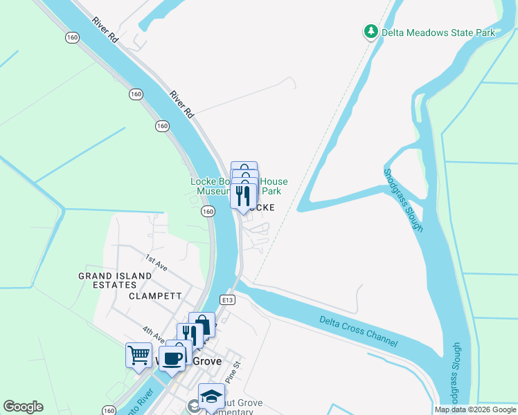 map of restaurants, bars, coffee shops, grocery stores, and more near 1275 Levee Street in Walnut Grove