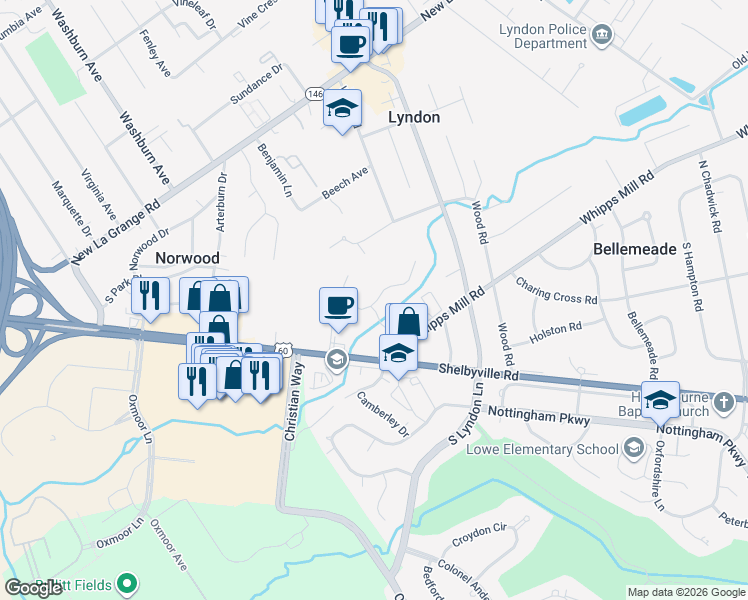 map of restaurants, bars, coffee shops, grocery stores, and more near 8128 Copper Creek Drive in Lyndon
