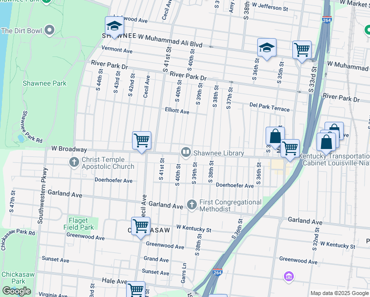 map of restaurants, bars, coffee shops, grocery stores, and more near 3909 West Broadway in Louisville