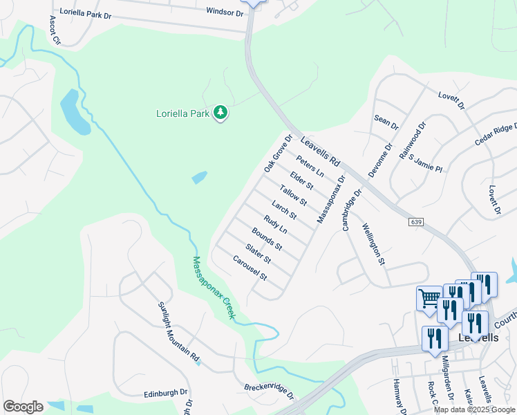 map of restaurants, bars, coffee shops, grocery stores, and more near 5525 Rudy Lane in Fredericksburg