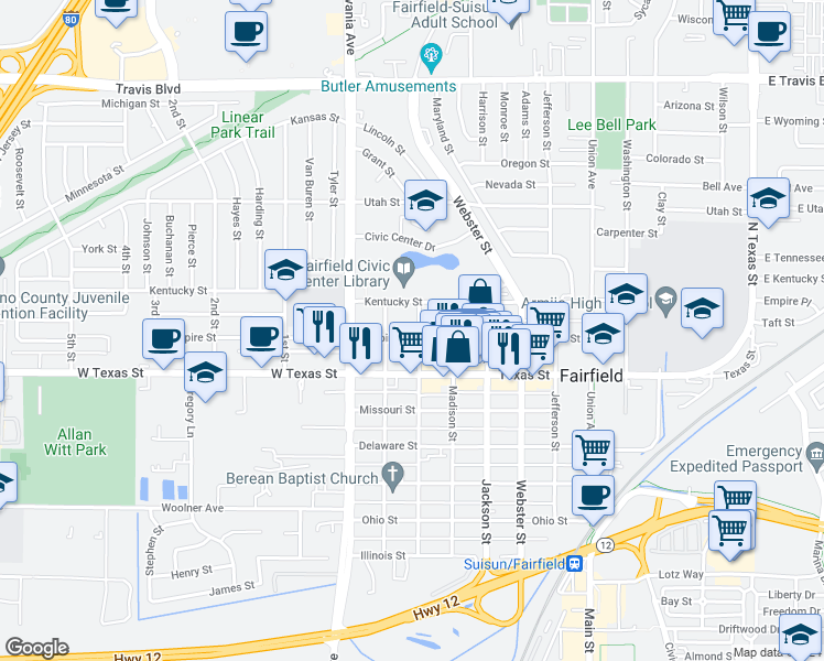 map of restaurants, bars, coffee shops, grocery stores, and more near 738 Taylor Street in Fairfield
