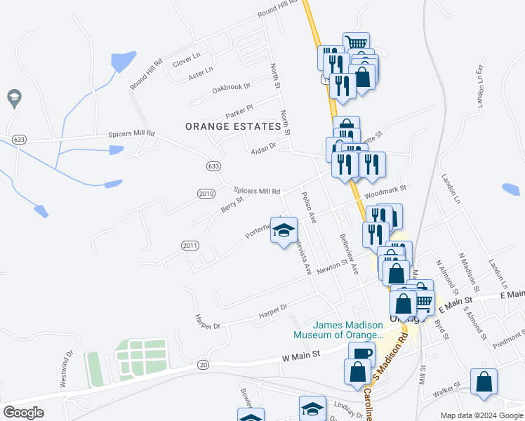 map of restaurants, bars, coffee shops, grocery stores, and more near 14847 Porterfield Drive in Orange
