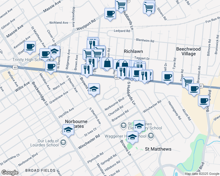 map of restaurants, bars, coffee shops, grocery stores, and more near 4216 North Church Way in Louisville
