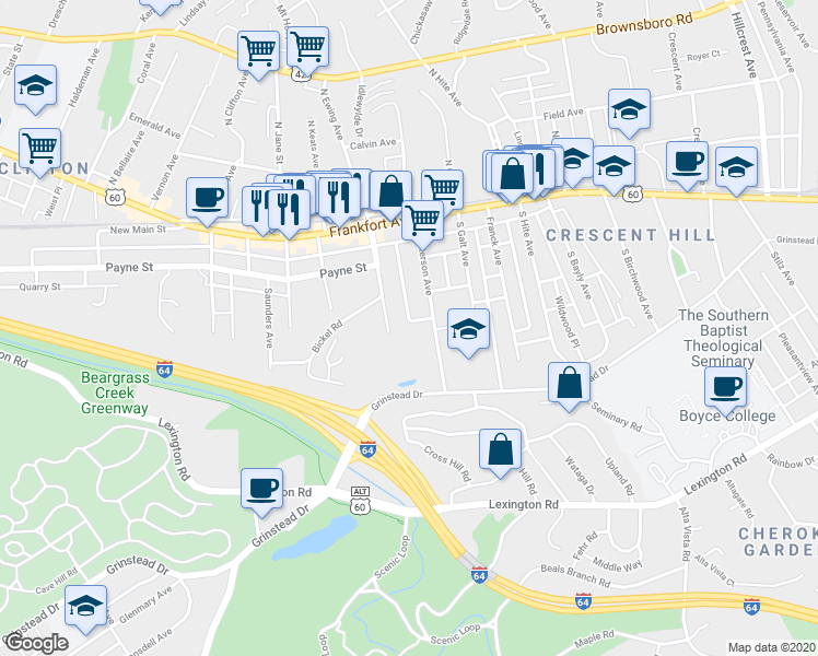 map of restaurants, bars, coffee shops, grocery stores, and more near 334 South Peterson Avenue in Louisville