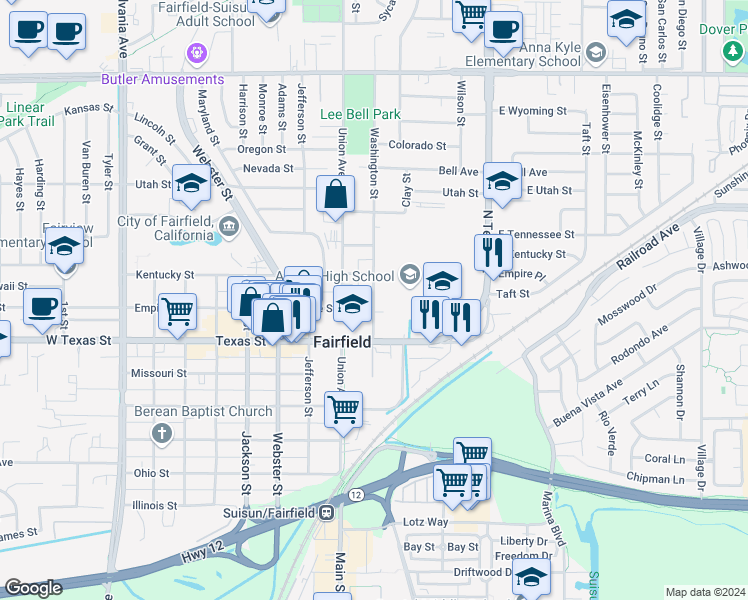 map of restaurants, bars, coffee shops, grocery stores, and more near 824 Washington Street in Fairfield