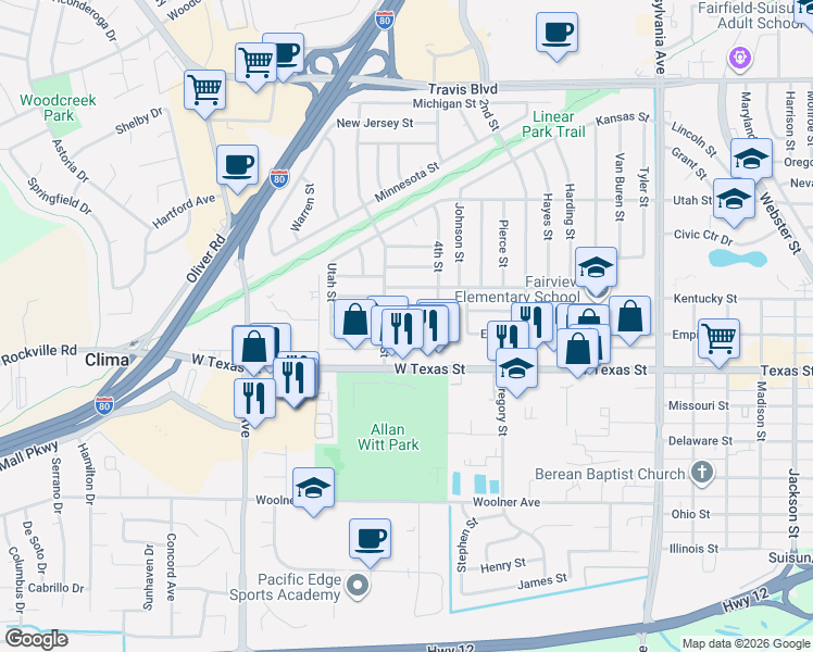 map of restaurants, bars, coffee shops, grocery stores, and more near 1720 West Texas Street in Fairfield