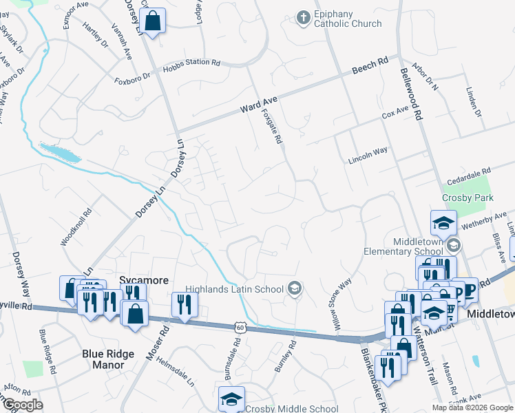 map of restaurants, bars, coffee shops, grocery stores, and more near 505 Foxgate Road in Louisville